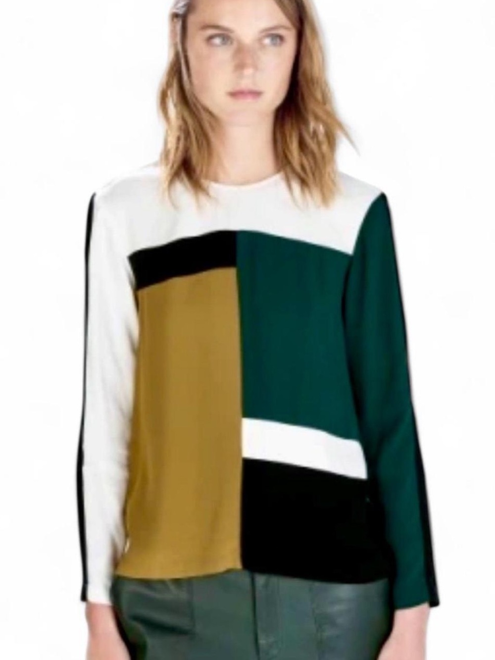 ZARA Color Block Camel/Olive, Forest Green, White, Black Long Sleeve Blouse